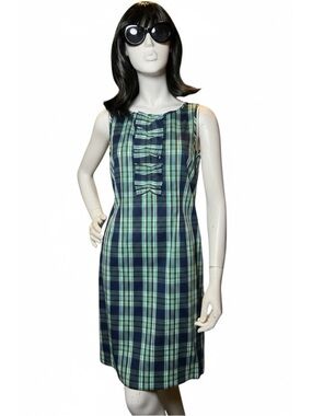 Talbots Coastal Plaid Sleeveless Shift Dress Ruffle Bodice Blue Green Size 14P